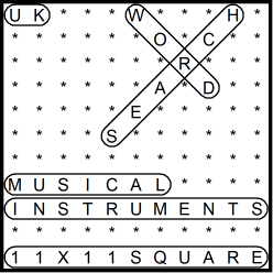 British 11x11 Wordsearch puzzle no.348 - Musical instruments