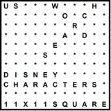 American 11x11 Wordsearch puzzle no.330 - Disney characters